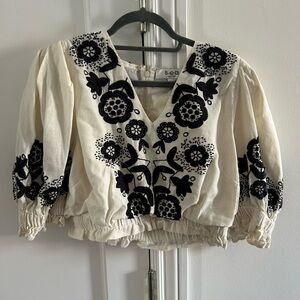 Sea New York Cream and Black Puff Sleeve Crop Top